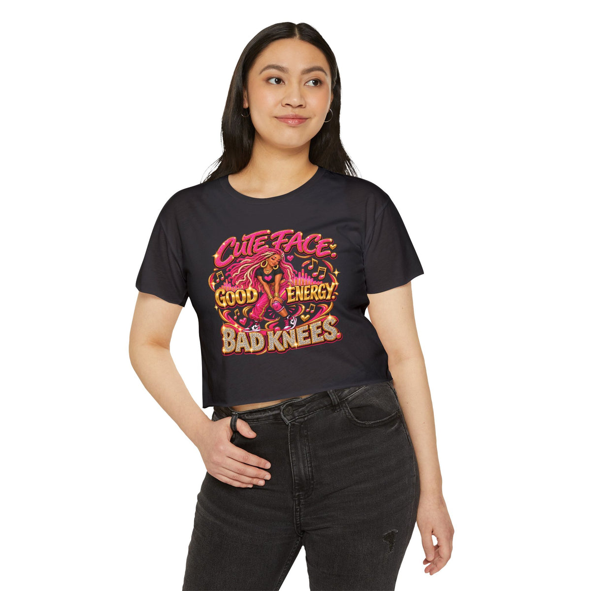Cute Face Good Energy Bad Knees Women's Festival Crop Top