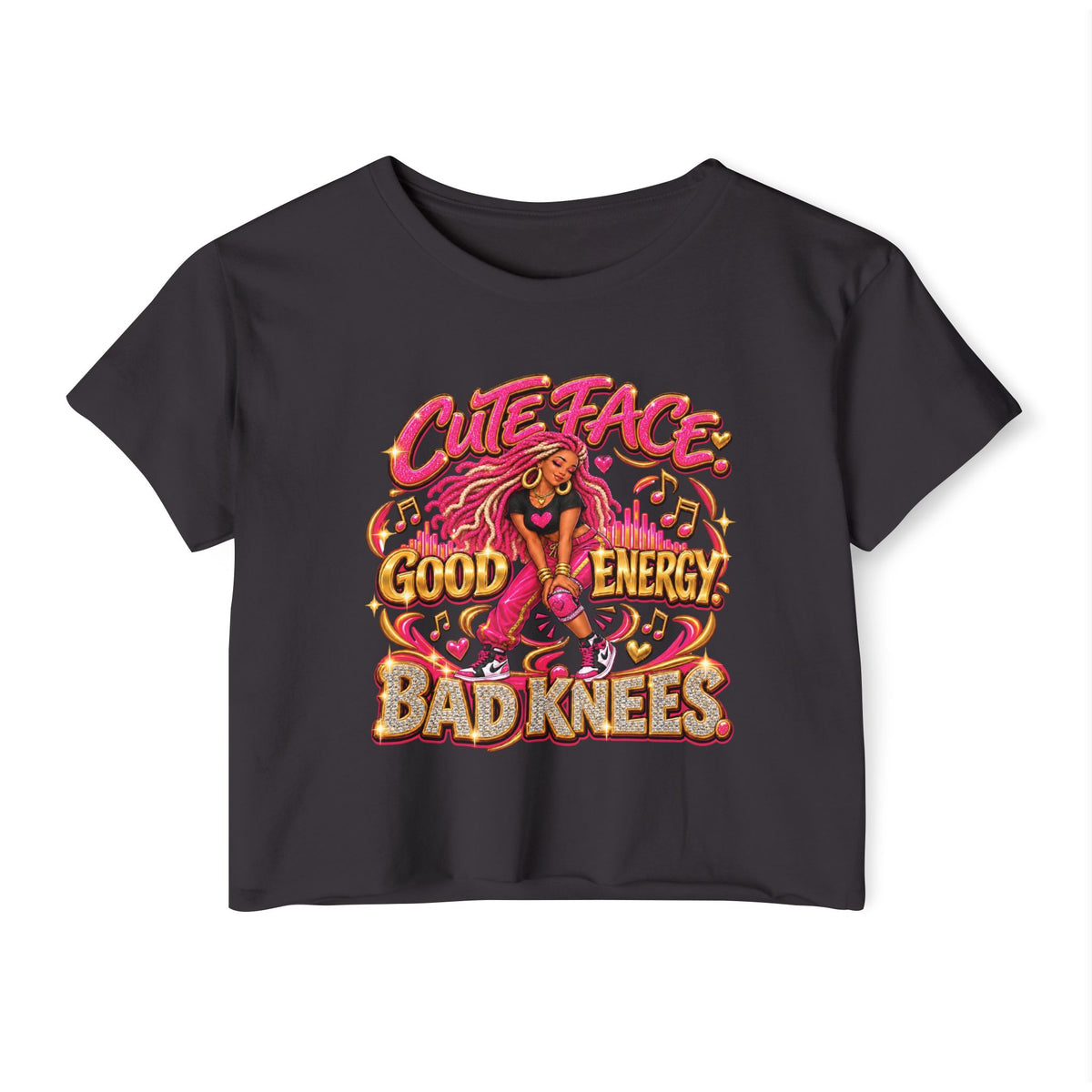 Cute Face Good Energy Bad Knees Women's Festival Crop Top